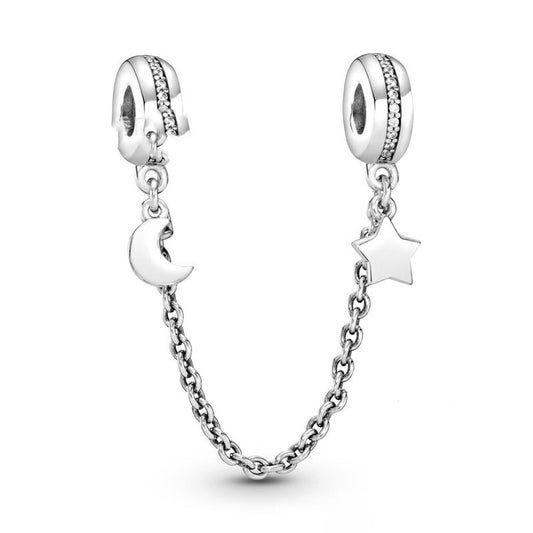 Pulsera de Plata 925 Luna y Estrella Brillante con Cierre de Seguridad