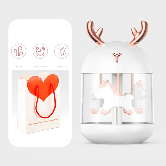 White dream pony humidifier with rose gold deer antlers and a clear tank showing a white carousel pony. - Image 11