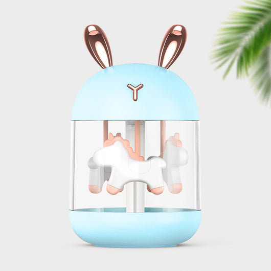 White dream pony humidifier with rose gold deer antlers and a clear tank showing a white carousel pony. - Image 3