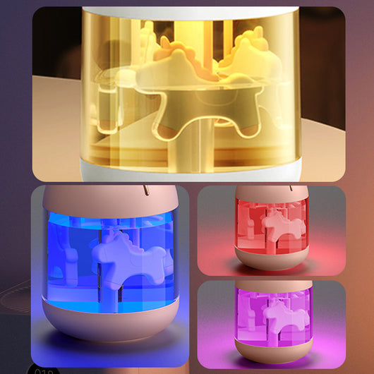 White dream pony humidifier with rose gold deer antlers and a clear tank showing a white carousel pony. - Image 5