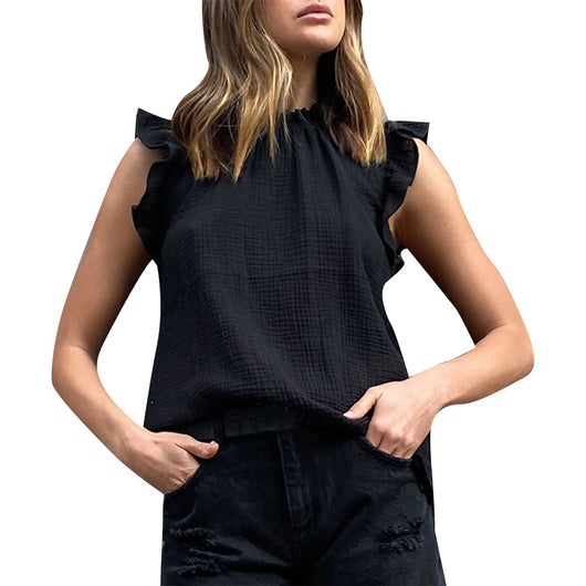 Blusa Tricolor sin Mangas con Cuello Alto y Volantes - Image 5