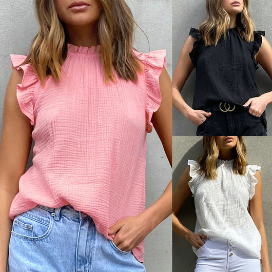 Blusa Tricolor sin Mangas con Cuello Alto y Volantes