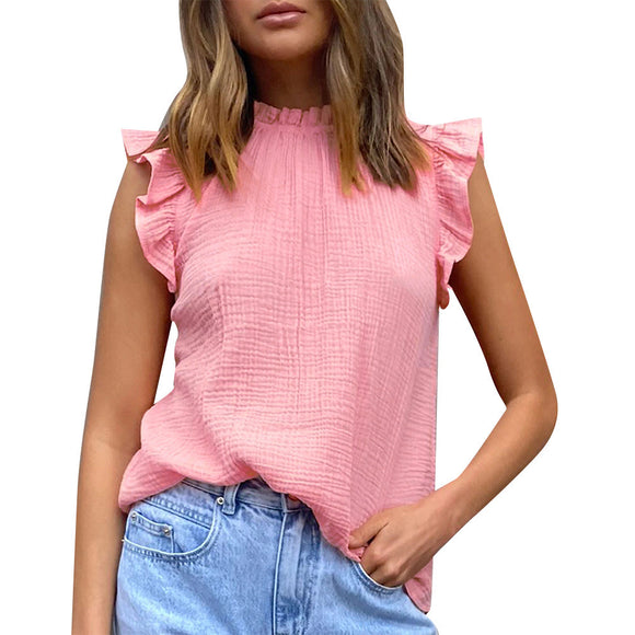 Blusa Tricolor sin Mangas con Cuello Alto y Volantes