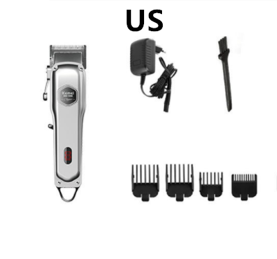 Silver rechargeable hair clipper with EU plug charger, cleaning brush, and four black guide combs on a white background. - Image 4