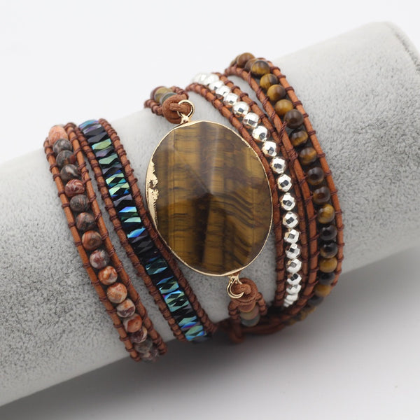 Pulsera de Piedra Natural Ojo de Tigre para Hombre y Mujer - Tejida a Mano con Cuero