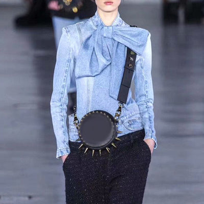 Blusa Denim Estilo Europeo con Lazo y Cuello Alzado - Manga Larga Ajustada - Image 6