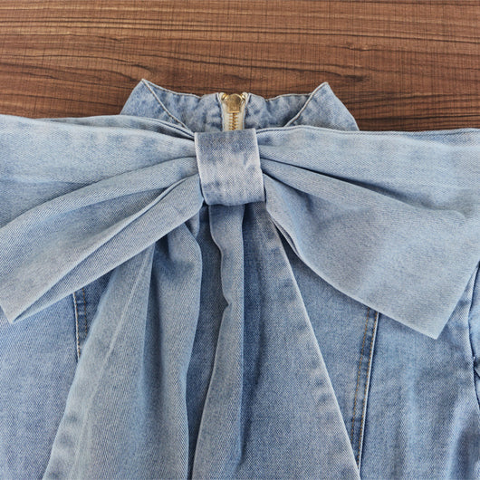 Blusa Denim Estilo Europeo con Lazo y Cuello Alzado - Manga Larga Ajustada - Image 2