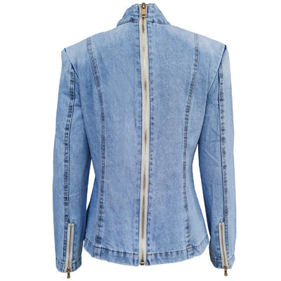 Blusa Denim Estilo Europeo con Lazo y Cuello Alzado - Manga Larga Ajustada - Image 3