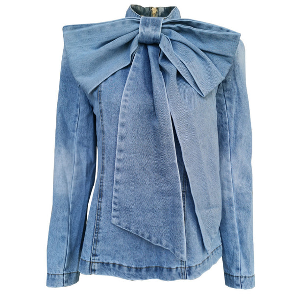 Blusa Denim Estilo Europeo con Lazo y Cuello Alzado - Manga Larga Ajustada
