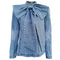 Blusa Denim Estilo Europeo con Lazo y Cuello Alzado - Manga Larga Ajustada