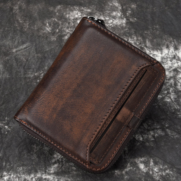 Billetera Vertical de Cuero para Hombre - Estilo Retro con Cierre de Cremallera