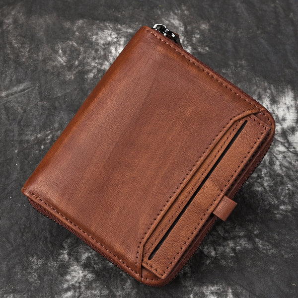 Billetera Vertical de Cuero para Hombre - Estilo Retro con Cierre de Cremallera
