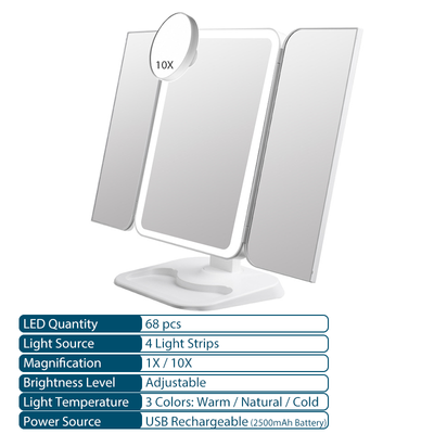 Espejo de Maquillaje Tríptico con Luz LED y Aumento 10X - Image 19