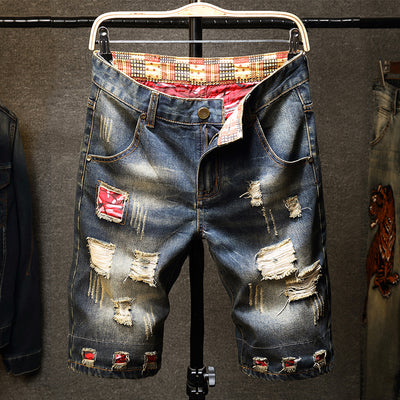 Pantalones Cortos Vaqueros para Hombre con Parches Retro y Diseño Rasgado - Image 3