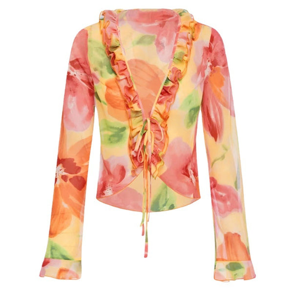 Blusa Manga Larga con Estampado y Detalles Ajustados