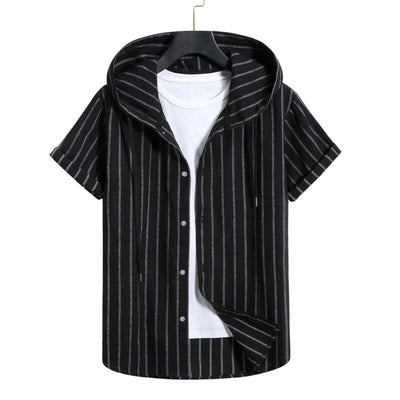 Camisa Casual de Rayas con Capucha de Manga Corta para Hombre - Image 9