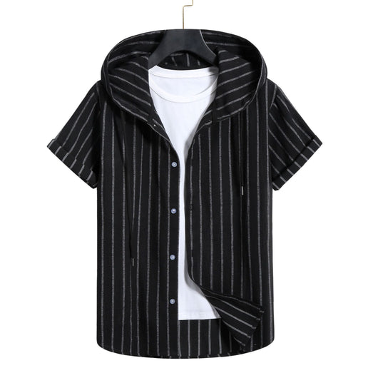 Camisa Casual de Rayas con Capucha de Manga Corta para Hombre - Image 9