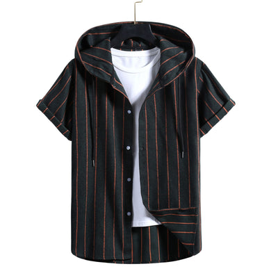 Camisa Casual de Rayas con Capucha de Manga Corta para Hombre - Image 10