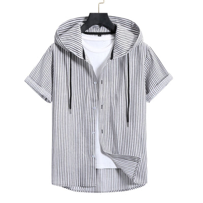 Camisa Casual de Rayas con Capucha de Manga Corta para Hombre - Image 14