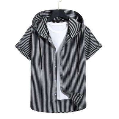 Camisa Casual de Rayas con Capucha de Manga Corta para Hombre - Image 13