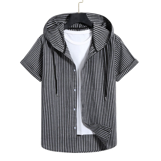 Camisa Casual de Rayas con Capucha de Manga Corta para Hombre - Image 13