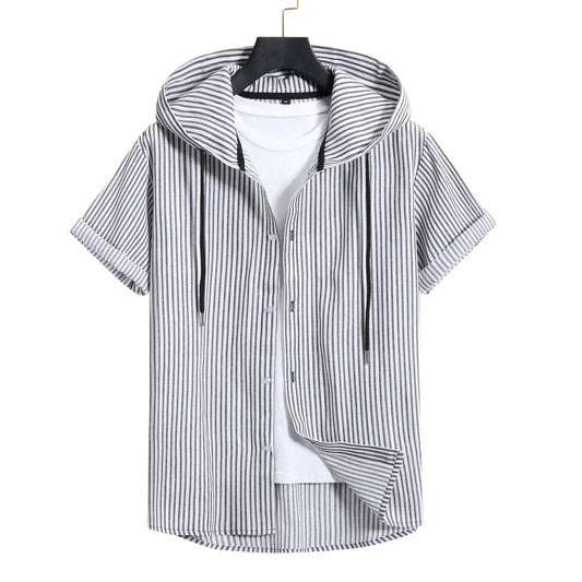 Camisa Casual de Rayas con Capucha de Manga Corta para Hombre - Image 2