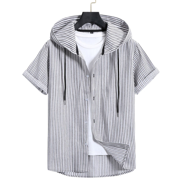 Camisa Casual de Rayas con Capucha de Manga Corta para Hombre