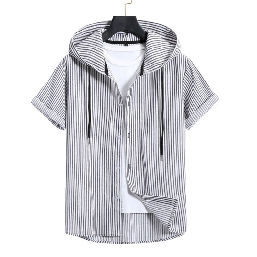 Camisa Casual de Rayas con Capucha de Manga Corta para Hombre - Image 2