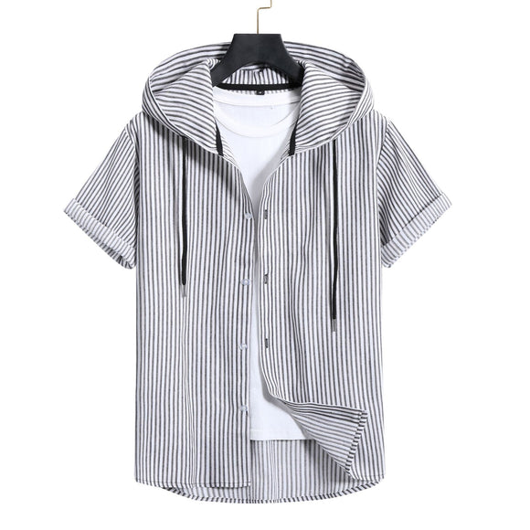 Camisa Casual de Rayas con Capucha de Manga Corta para Hombre