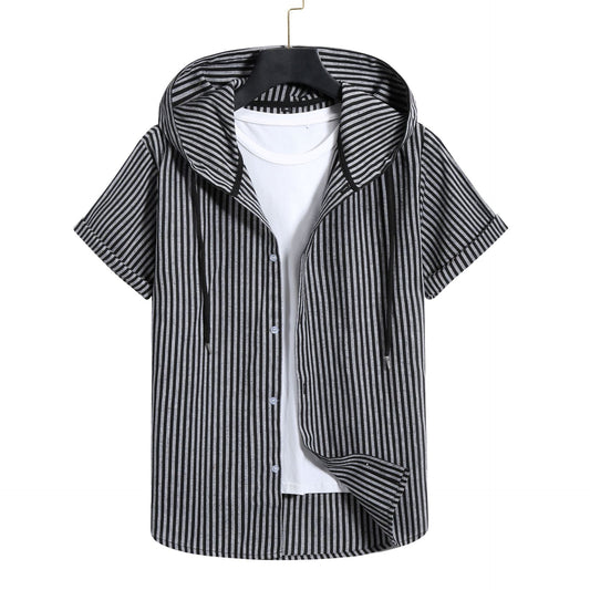 Camisa Casual de Rayas con Capucha de Manga Corta para Hombre