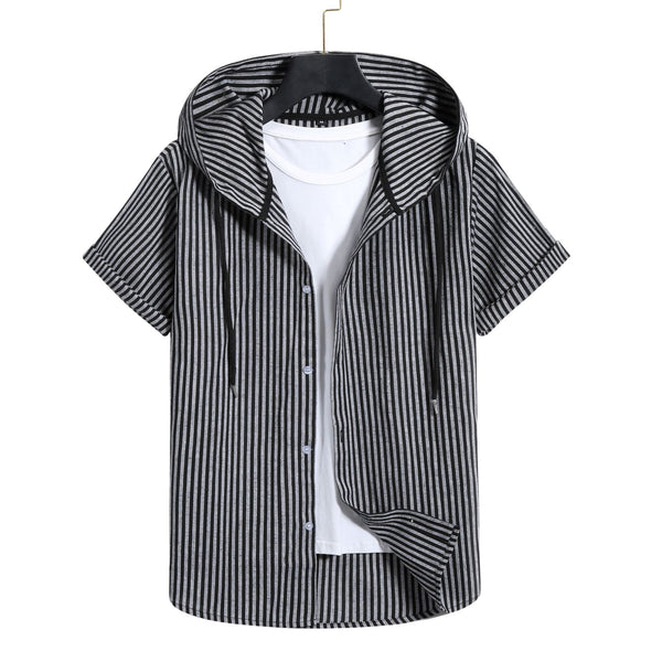 Camisa Casual de Rayas con Capucha de Manga Corta para Hombre