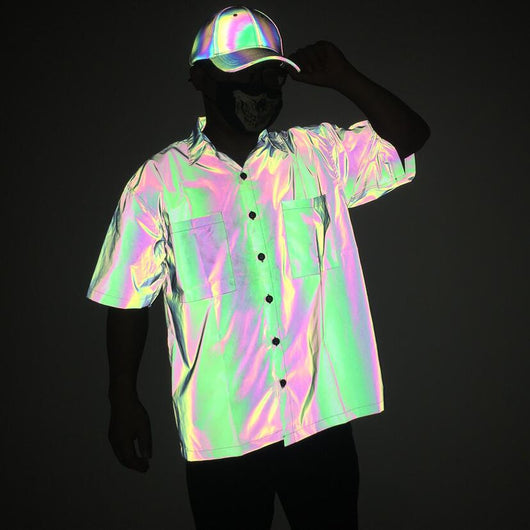 Camisa Reflectante Arcoíris Suelta para Hombre - Tendencia Casual Talla Grande - Image 9