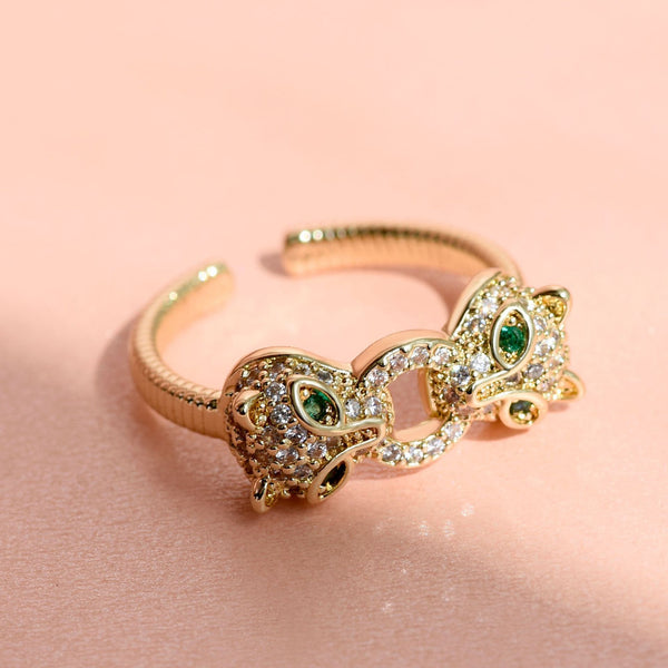 Anillo Doble Cabeza de Pantera con Circonita - Ajustable Hip-hop Punk