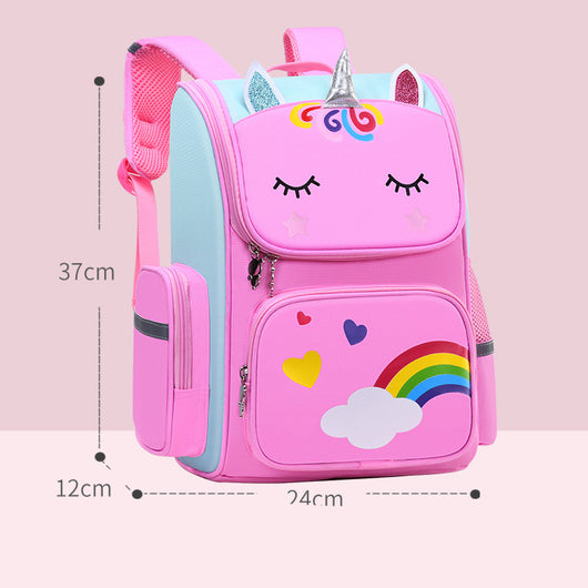 Purple and pink unicorn school bag for primary students, featuring glitter ears, a rainbow cloud, and stars. - Image 16