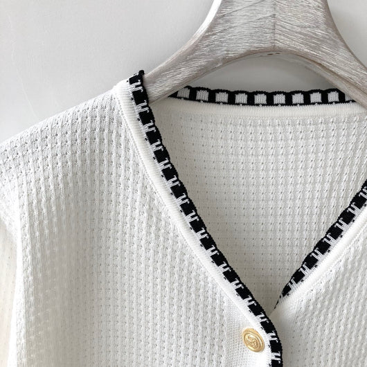 Cardigan Tejido Árbol Temprano - Chaqueta Corta Manga Larga Blanco y Negro - Image 15