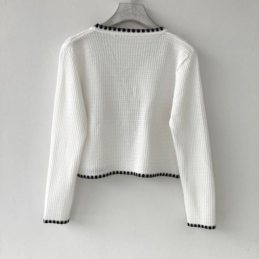Cardigan Tejido Árbol Temprano - Chaqueta Corta Manga Larga Blanco y Negro - Image 4