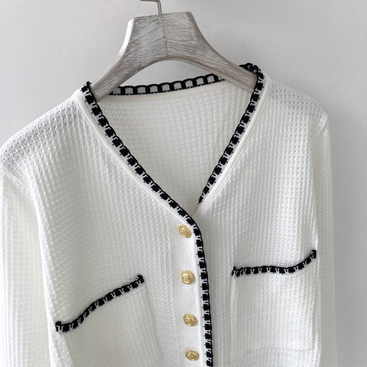 Cardigan Tejido Árbol Temprano - Chaqueta Corta Manga Larga Blanco y Negro - Image 3