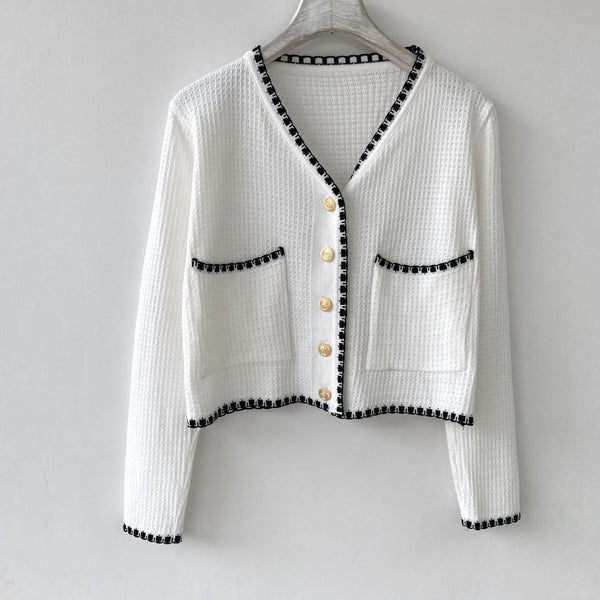 Cardigan Tejido Árbol Temprano - Chaqueta Corta Manga Larga Blanco y Negro - Image 6