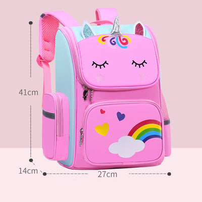 Purple and pink unicorn school bag for primary students, featuring glitter ears, a rainbow cloud, and stars. - Image 13