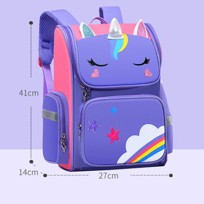 Purple and pink unicorn school bag for primary students, featuring glitter ears, a rainbow cloud, and stars. - Image 15
