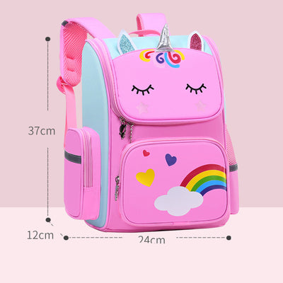 Purple and pink unicorn school bag for primary students, featuring glitter ears, a rainbow cloud, and stars.