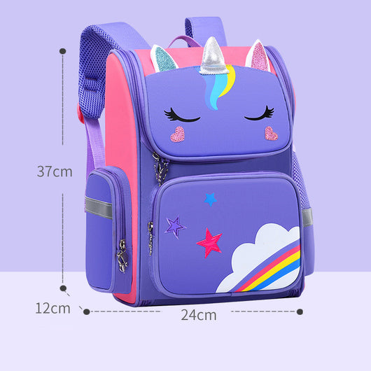 Purple and pink unicorn school bag for primary students, featuring glitter ears, a rainbow cloud, and stars. - Image 5