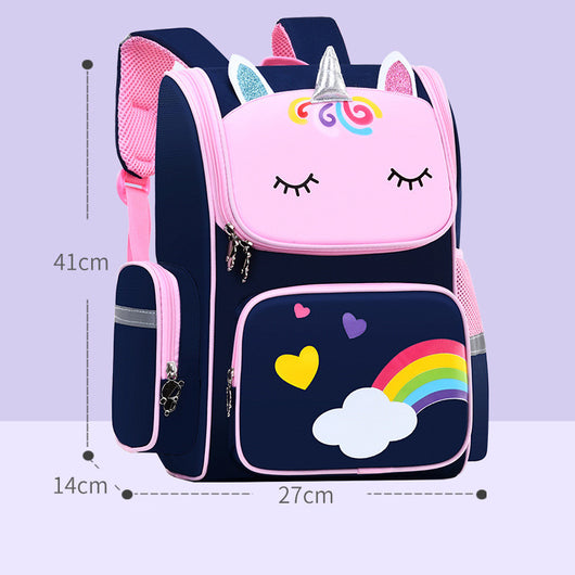 Purple and pink unicorn school bag for primary students, featuring glitter ears, a rainbow cloud, and stars. - Image 8