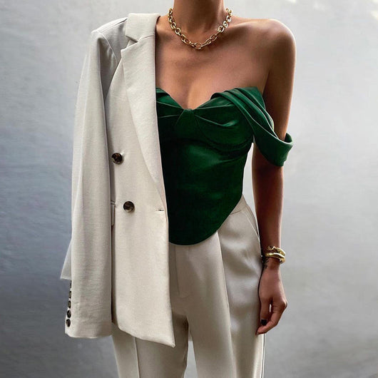 Top Satinado Verde Espalda Descubierta Mujer - Elegante y Sexy para Verano