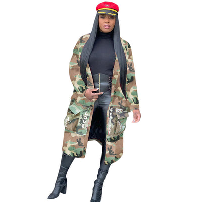 Abrigo Largo de Camuflaje para Mujer - Estilo Casual Europeo y Americano