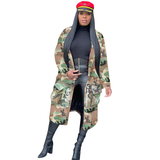 Abrigo Largo de Camuflaje para Mujer - Estilo Casual Europeo y Americano