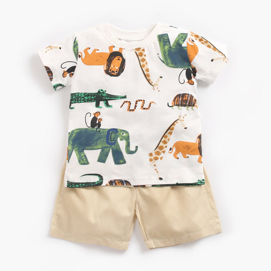 Conjunto de Verano para Niño: Camiseta y Pantalones Cortos Estampado Animal