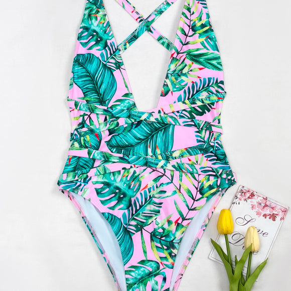 Traje de Baño Enterizo Escote Profundo con Estampado Moderno