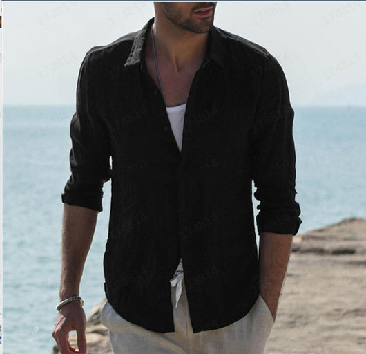 Cardigan Liso de Algodón y Lino para Hombre - Manga Larga Antiarrugas