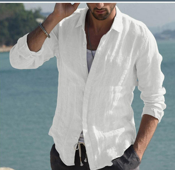 Cardigan Liso de Algodón y Lino para Hombre - Manga Larga Antiarrugas